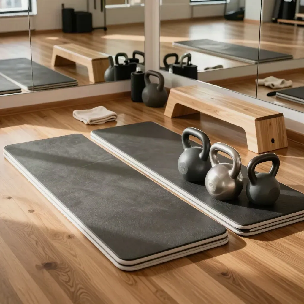 Tomt gruppträningsrum med mattor, stepbrädor, kettlebells och spegelvägg i mjukt dagsljus.