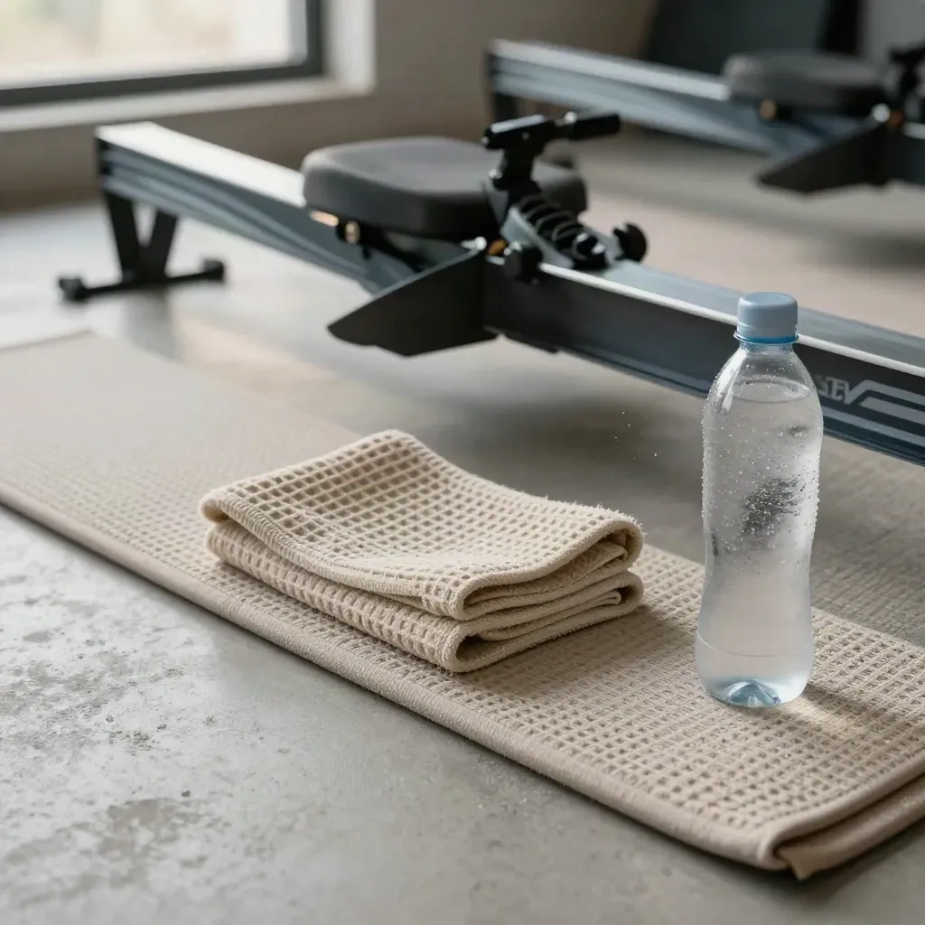 Närbild av matta, roddmaskin, handduk och vattenflaska i lugnt morgonljus.
