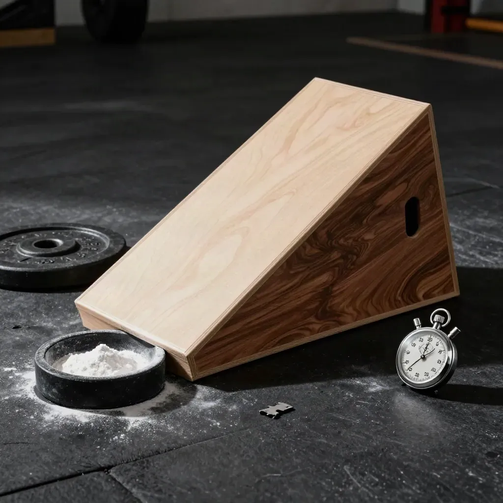 Plyoboxhörn, viktplatta, chalkskål och stoppur på gymgolv i dramatiskt ljus.