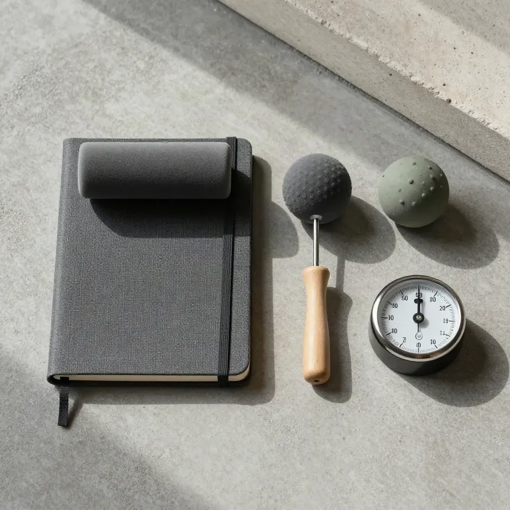 Överheadflatlay med anteckningsbok, foam roller, återhämtningsbollar och timer på betong.