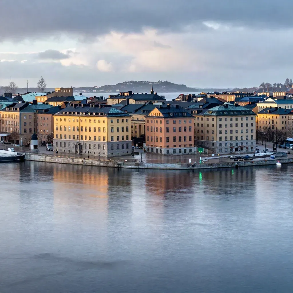 Stockholms skyline vid vatten i blå timme, med Gamla stan högt och lugnt silvervatten.