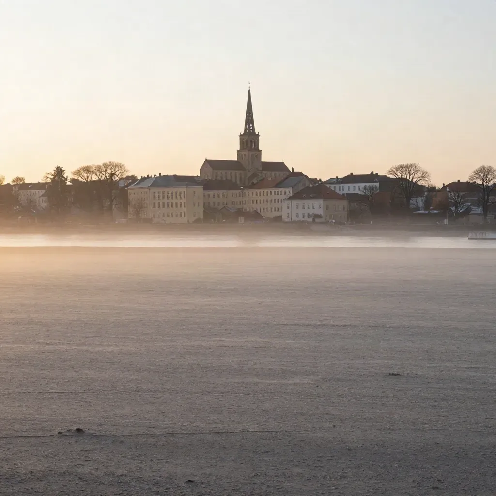Morgonljus över Uppsala, katedralens sten, flodslätt och mörk trädrad i dimma.